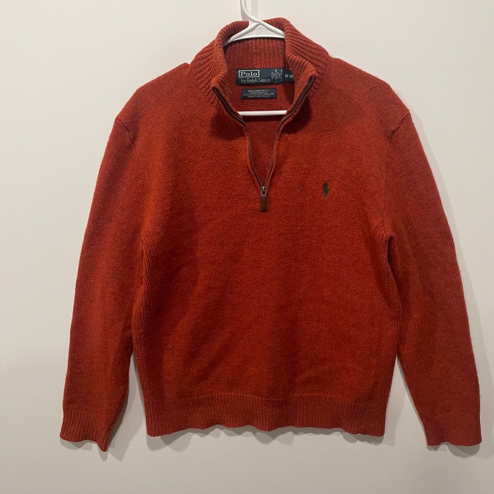 Polo Ralph Lauren Men's Sweater Orange Lambs Wool 1/4 Zip Logo Size M Vintage